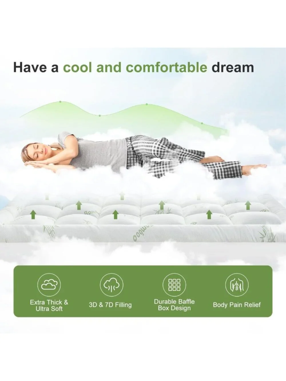 Queen Mattress Topper - Soft Bamboo Pillow Top, Cooling Protector, Deep Pocket